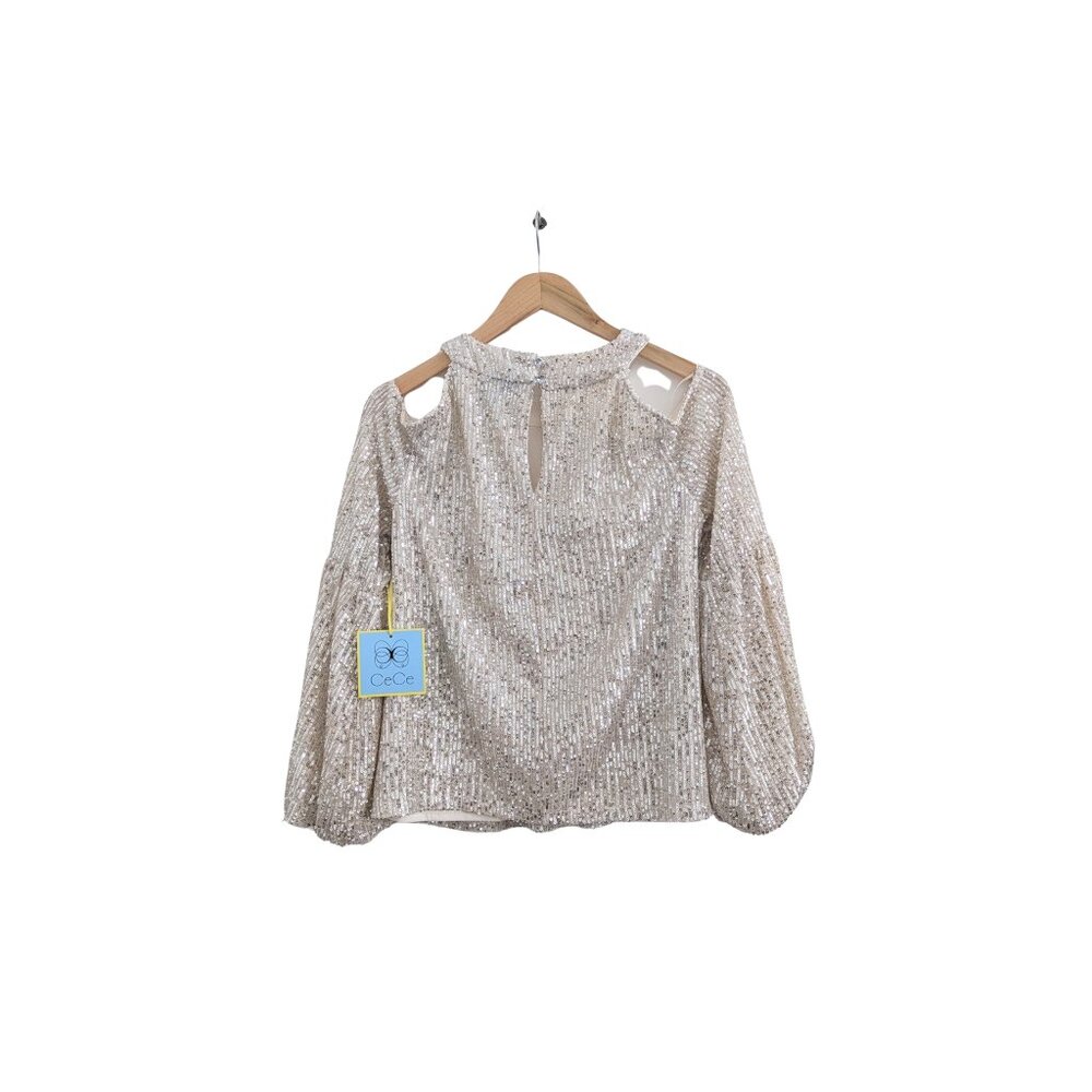 CeCe Sequin Cold Shoulder Blouse Champagne Gold Size S NWT - Picture 3 of 5